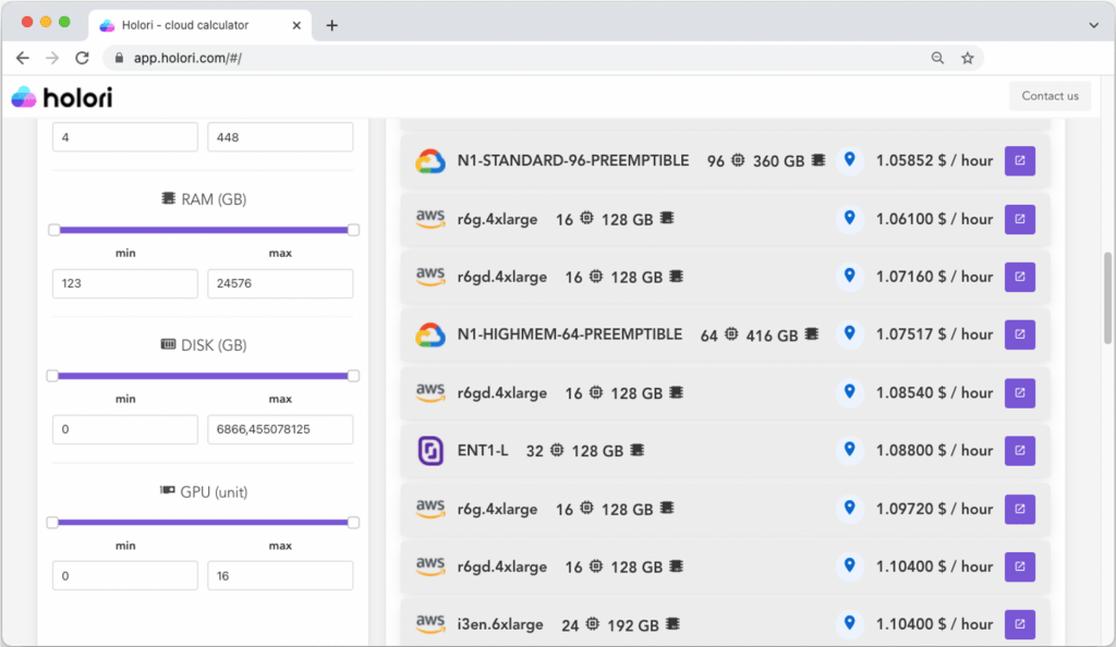 Holori's cloud cost calculator screenshot is the meta calculator including AWS calculator, Azure calculator, GCP calculator.