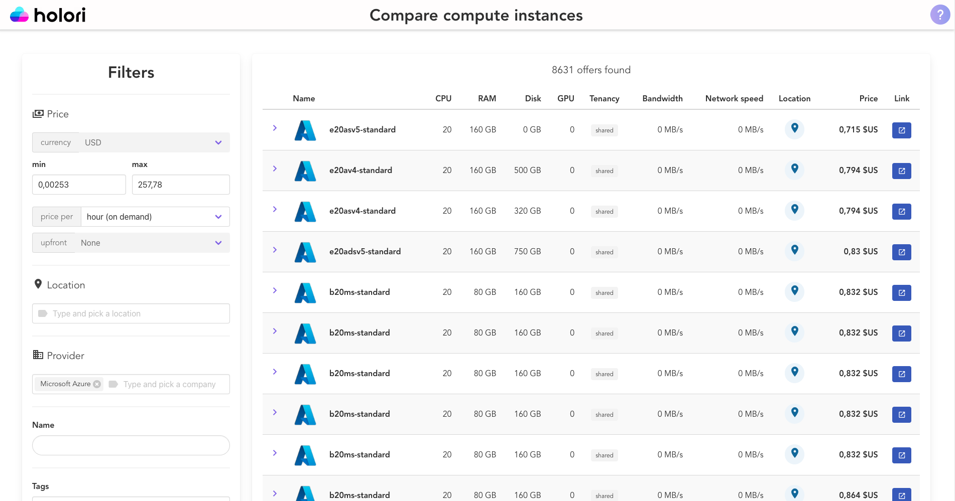 Holori Compare Azure VM Prices