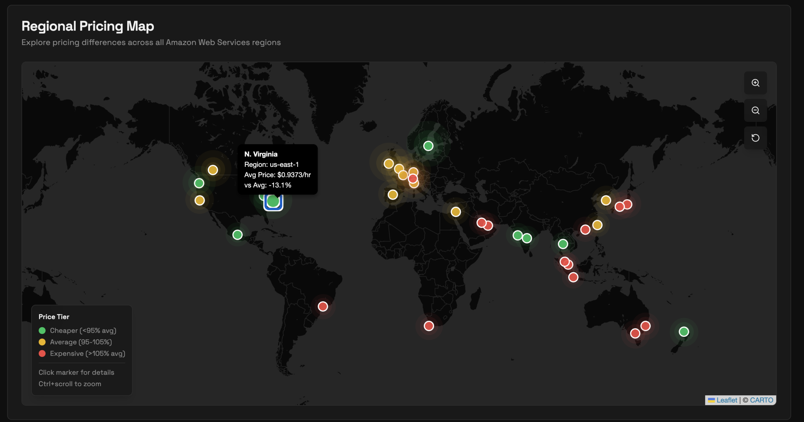 AWS price across different regions on Holori calculator