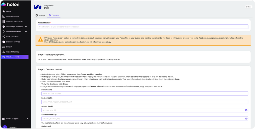 ovh secure connection with holori finops platform