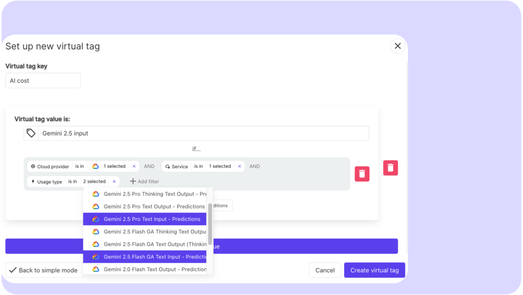 define virtual tag to allocate gemini costs