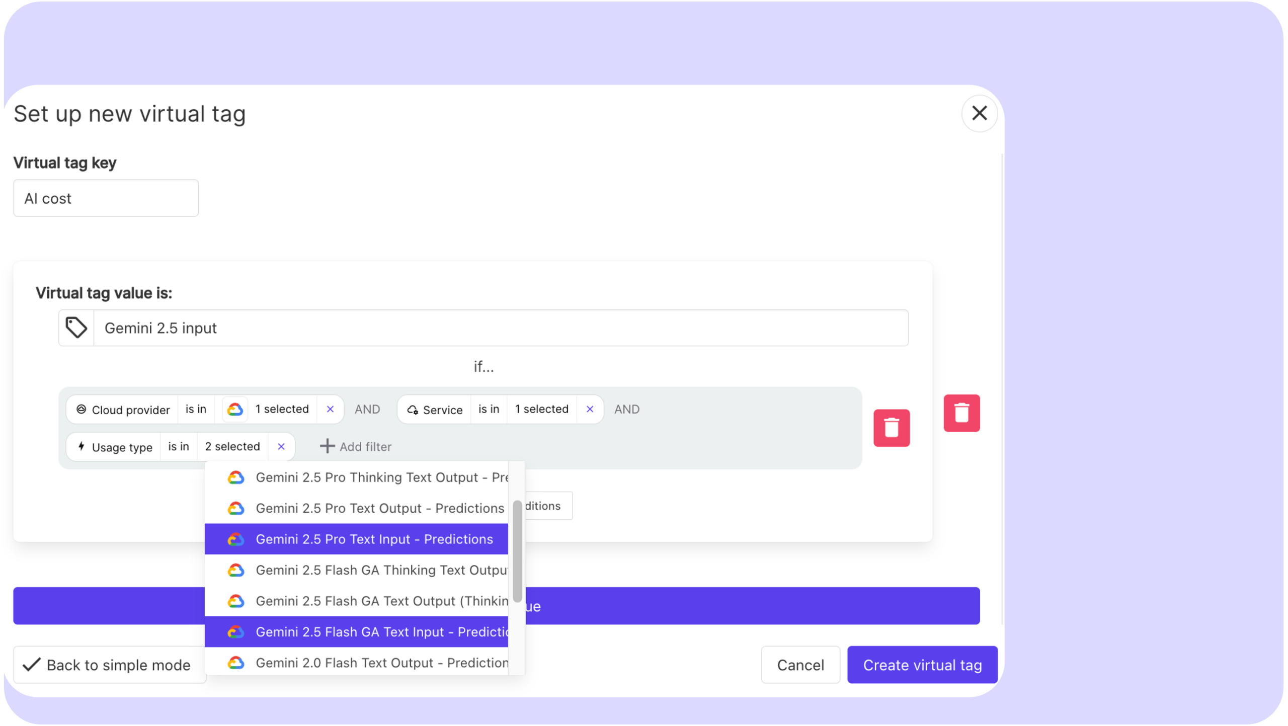 define virtual tag to allocate gemini costs