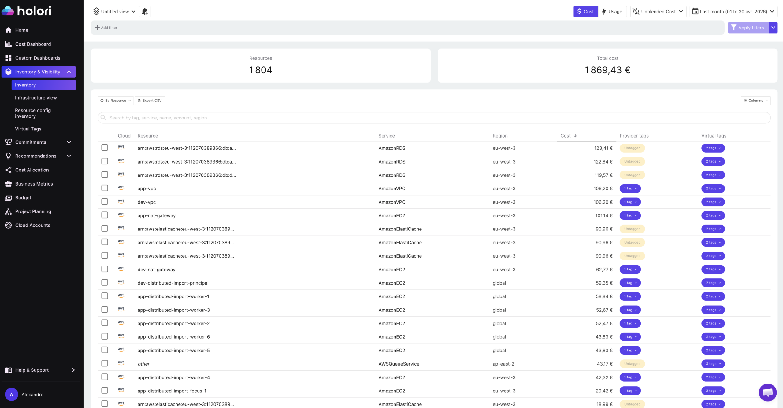 Holori cloud asset inventory for cost 